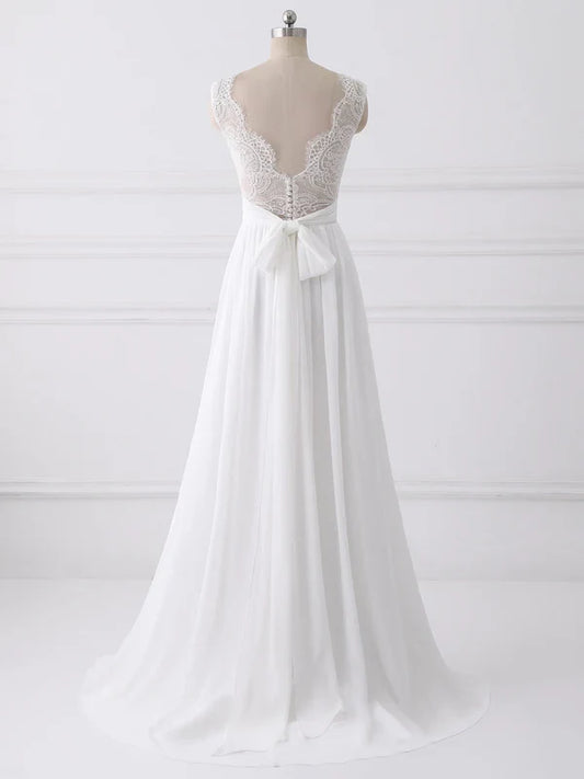 omberprom Elegant A-line Sleeveless Sweep Train Wedding Dresses With Bow Romantic Bridal Gown