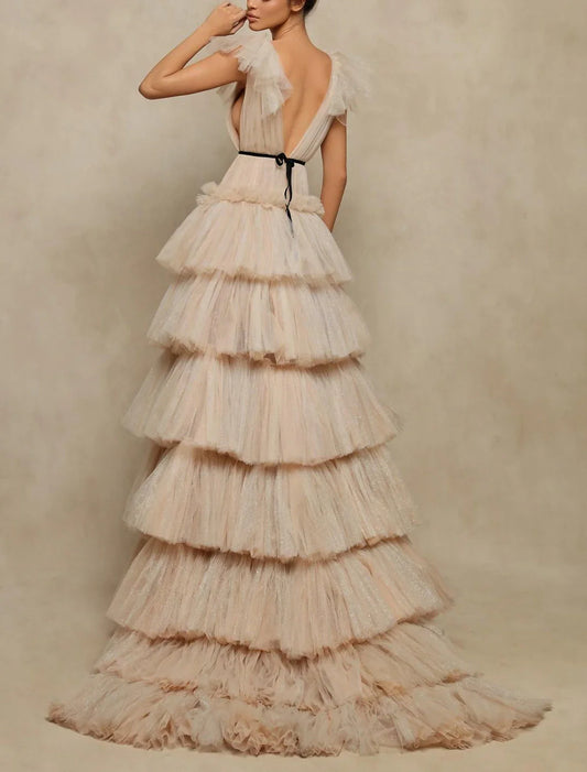 omberprom A-Line Prom Dresses Elegant Dress Prom Sweep / Brush Train Sleeveless V Neck Tulle V Back with Ruffles