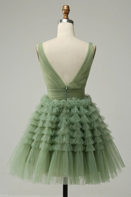 Charming Green Tulle V-neck Design A-line Tulle Homecoming Dress TP3643