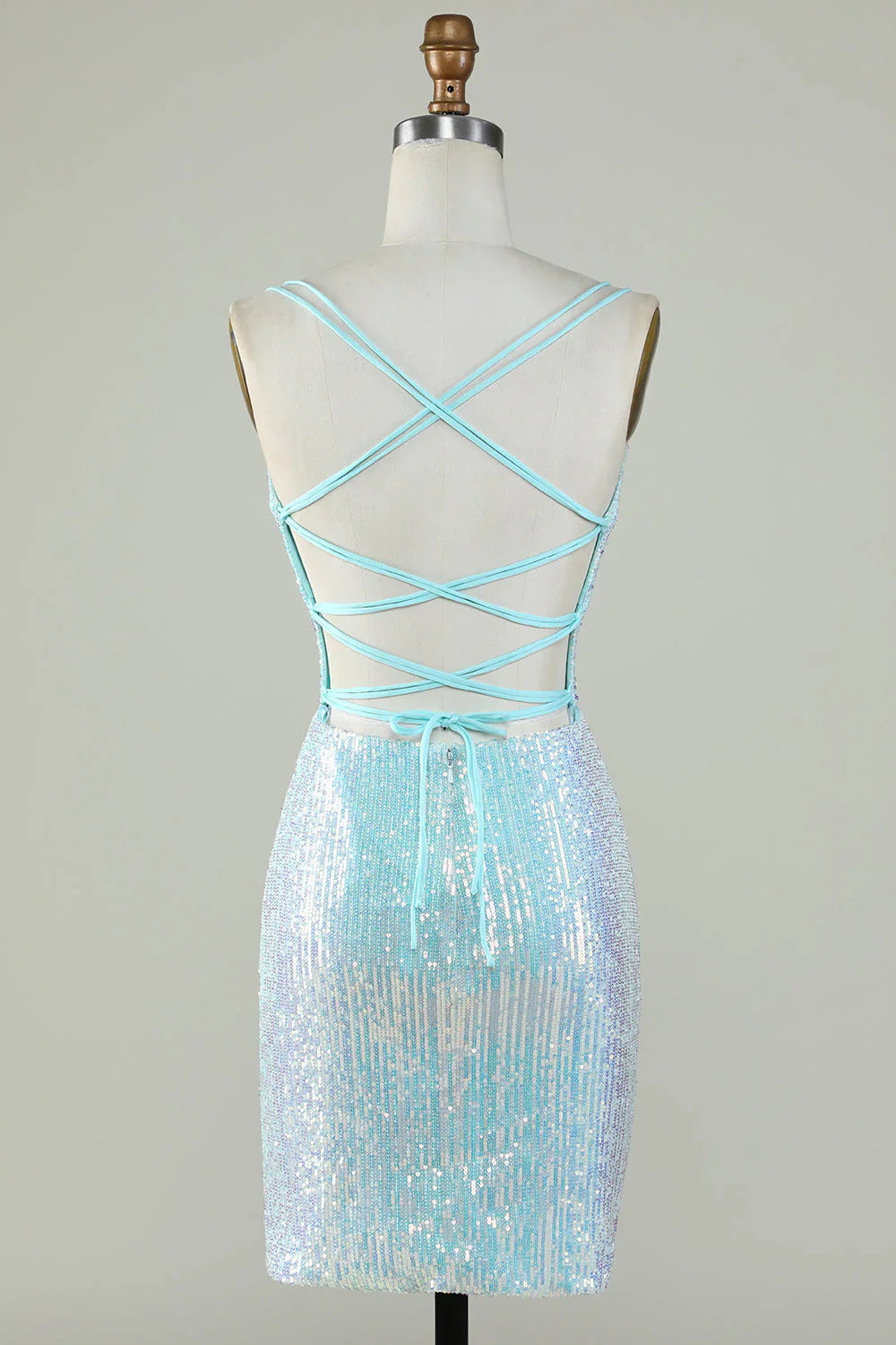 omberprom Short Homecoming Dress Sparkly Light Blue Sheath Sequins with Criss Cross Back