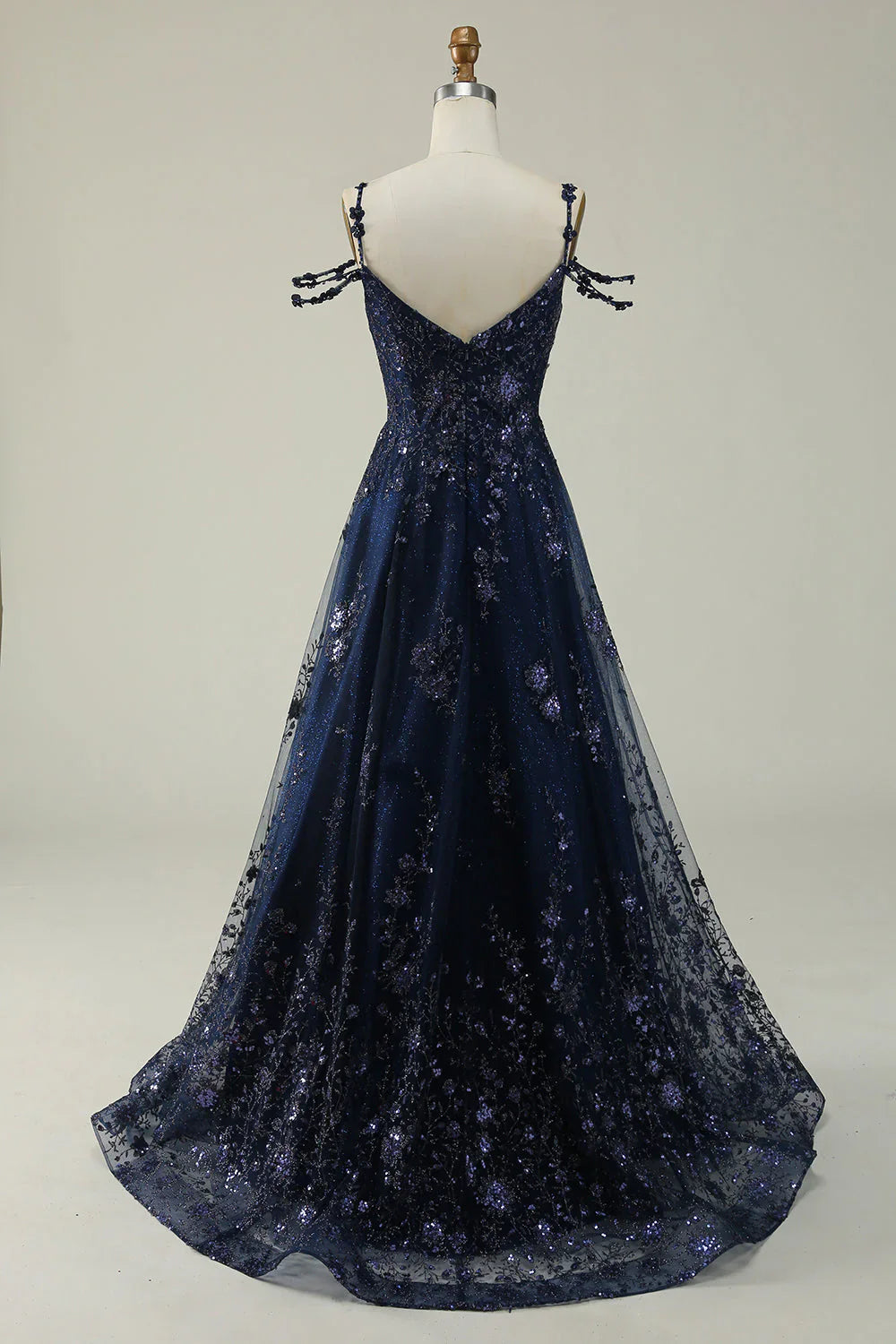 omberprom Navy A Line Evening Dress Cold Shoulder Long Prom Dress With Appliques
