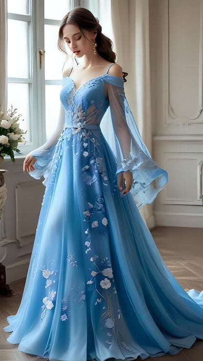 Off Shoulder Blue Tulle Long Evening Gowns Sexy Prom Party Dresses   S6923