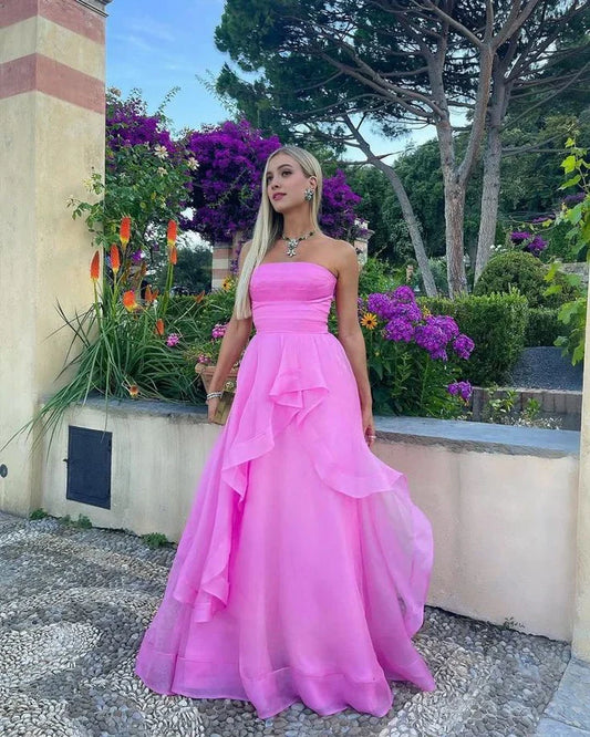 Vintage Hot Pink Strapless Long Prom Dress A-Line Ruffle Formal Dress TP4604