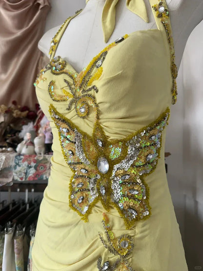 Vintage Yellow Beaded Sweetheart Prom Dress Embroidery Evening Dress Long Mermaid Halter-neck Formal Dress TP4620