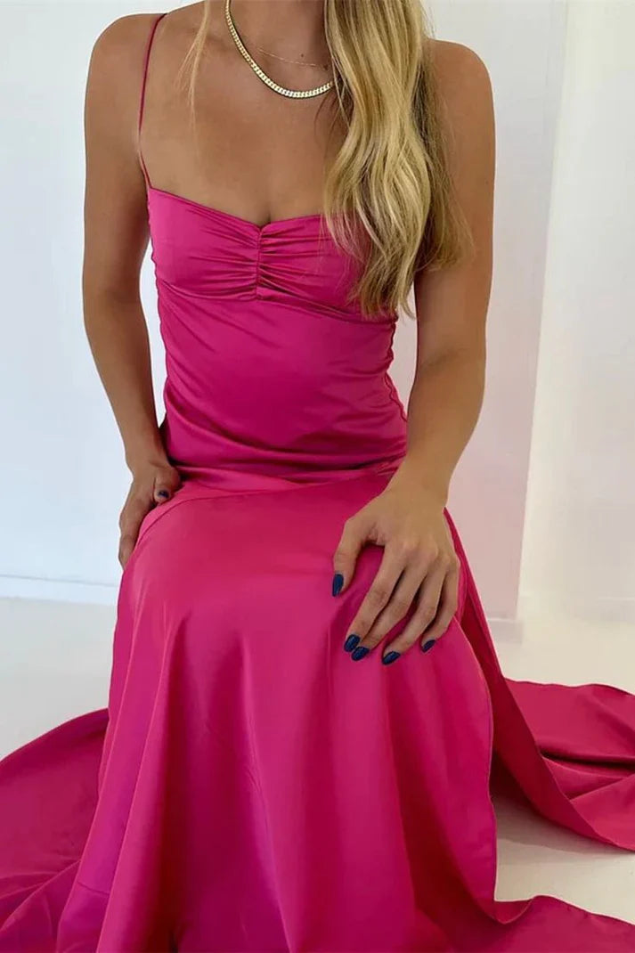 Vintage Satin Spaghetti Strap Mermaid High-slit Long Prom Dress Party Dress Evening Dress TP4400