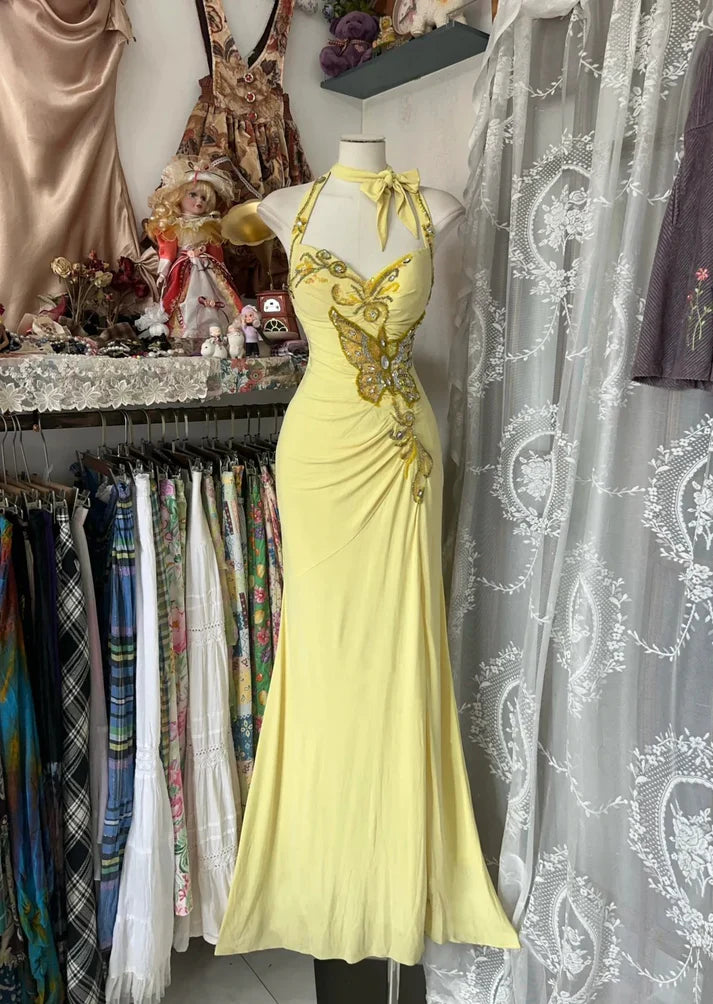 Vintage Yellow Beaded Sweetheart Prom Dress Embroidery Evening Dress Long Mermaid Halter-neck Formal Dress TP4620