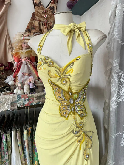 Vintage Yellow Beaded Sweetheart Prom Dress Embroidery Evening Dress Long Mermaid Halter-neck Formal Dress TP4620