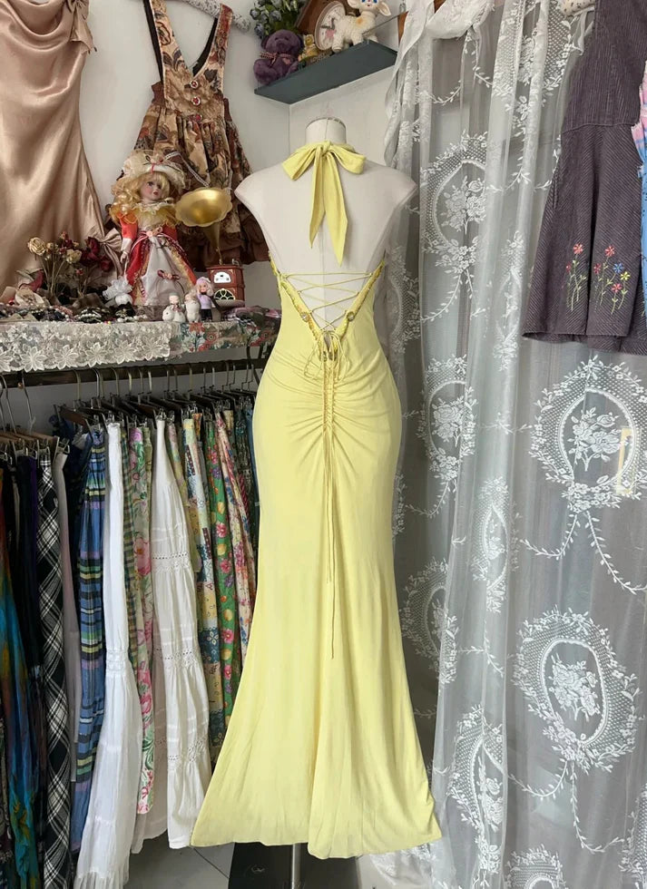 Vintage Yellow Beaded Sweetheart Prom Dress Embroidery Evening Dress Long Mermaid Halter-neck Formal Dress TP4620
