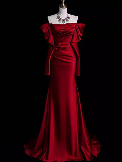 Mermaid Off The Shoulder Burgundy Long Satin Prom Dresses      S6911