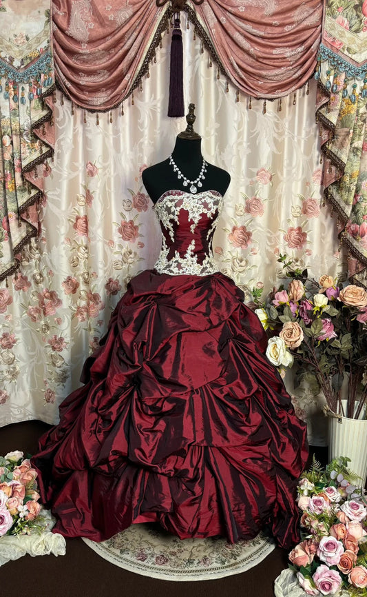 Burgundy A Line Strapless Long Princess Dress, Formal Evening Gowns     S6858