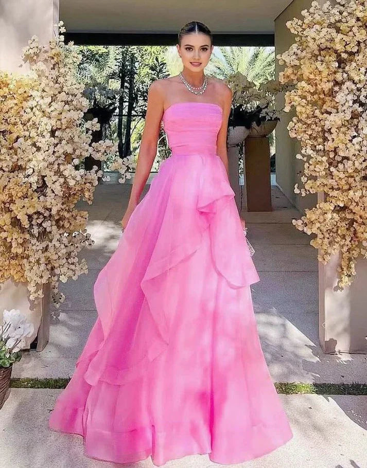 Vintage Hot Pink Strapless Long Prom Dress A-Line Ruffle Formal Dress TP4604