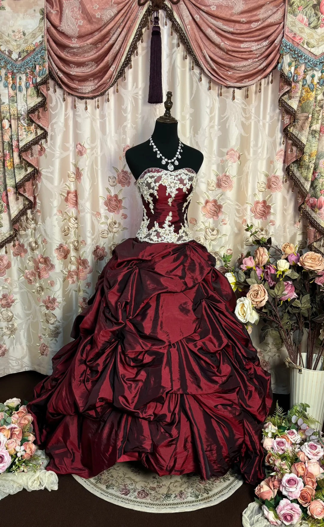 Burgundy A Line Strapless Long Princess Dress, Formal Evening Gowns     S6858