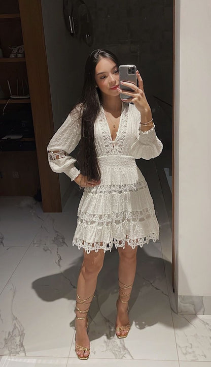 White Lace Long Sleeves Short Party Dress Cute Birthday Outfits     S6783