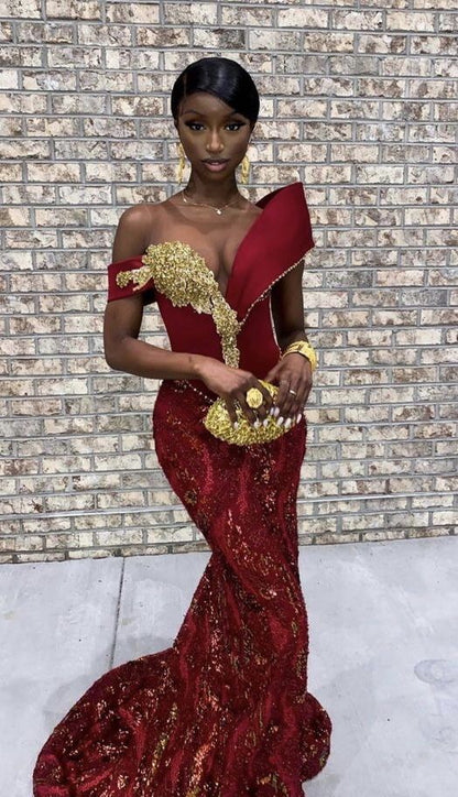 Burgundy African mermaid wedding dress, engagement dress, mermaid prom dress      S6803