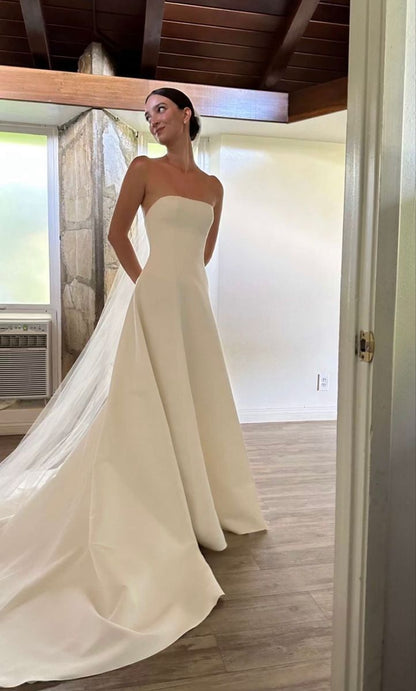 Vintage A line Strapless Long Simple Wedding Dresses       S6790