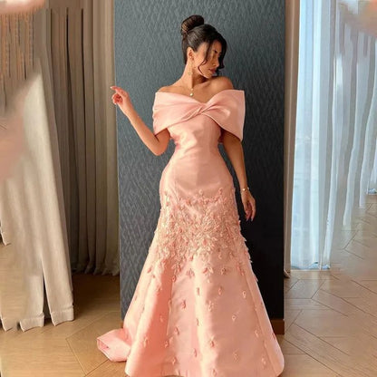 Blush Pink Luxury Arabic Evening Dresses Off The Shoulder Satin Beadings Prom Dress     S6814