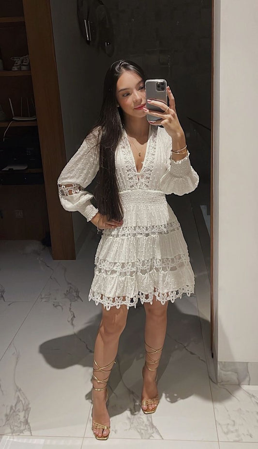 White Lace Long Sleeves Short Party Dress Cute Birthday Outfits     S6783