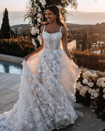 3D Flowers Appliques Long Wedding Dress Princess Bridal Gown