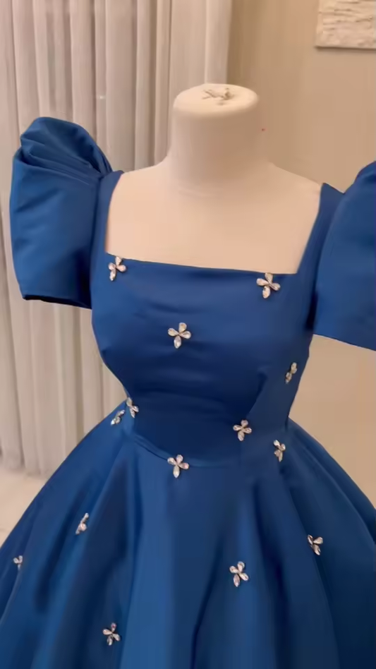 Retro Square Neck Prom Dress Floor Length Dresses Rhinestone Appliques Formal Occasion Dresses S6355