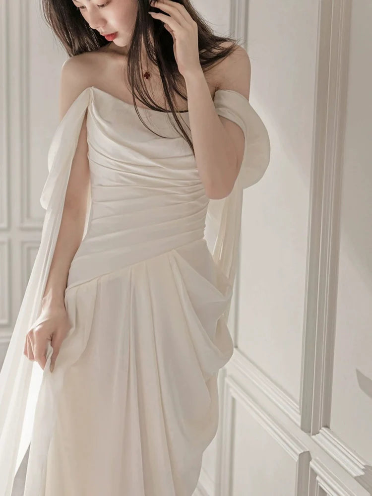 White long evening gown off shoulder birthday party dress   S6833