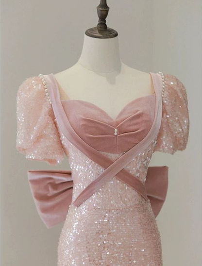 A line Short Sleeves Sequin Long Prom Dress       S6502