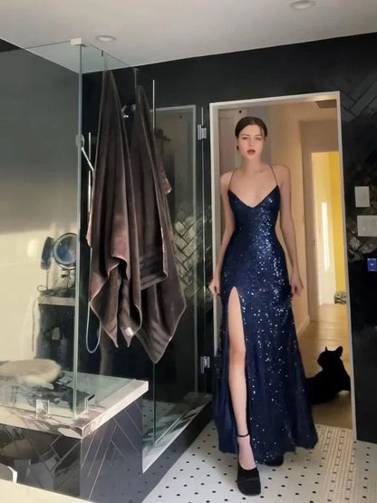 Womens Navy Sequined Slitted Spaghetti Strap V Neck Full Length Formal Gown Dress