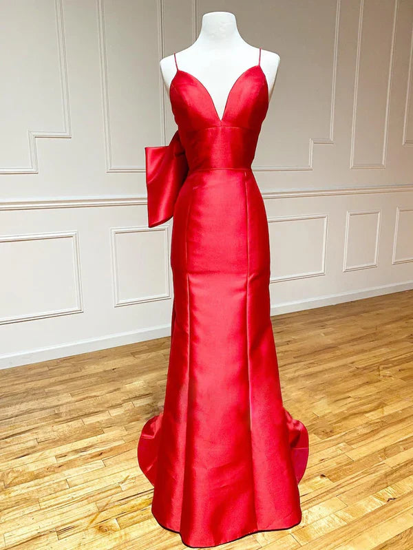 omberprom Fashion Red Evening Dress Satin Mermaid V Neck Long Prom Dress With Bow Tie