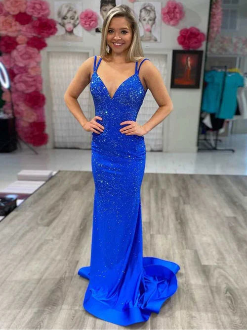 omberprom Elegant Mermaid Evening Dress V Neck Beaded Jersey Prom Dress
