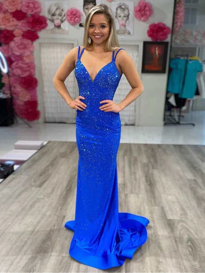 omberprom Elegant Mermaid Evening Dress V Neck Beaded Jersey Prom Dress