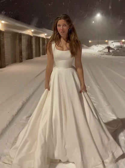A Line Long Satin Wedding Dress Square Neck Bridal Gown