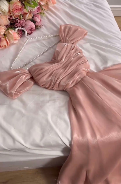 Modest A Line Strapless Silk Satin Long Pink Prom Dress Evening Gown
