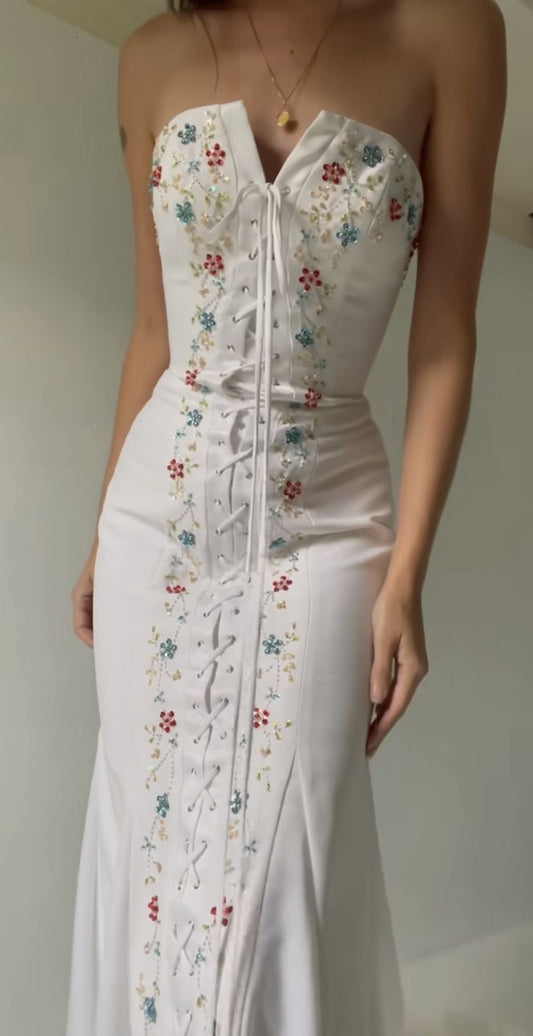 White strapless long dress elegant mermaid evening gowns