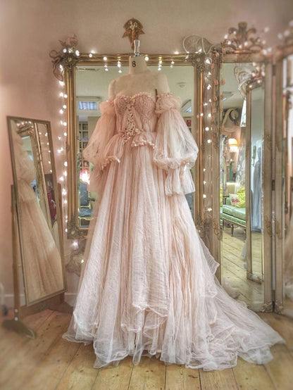 Princess Pink tulle Ruffles Long Prom Dress,Wedding Gown with Bubble Sleeves     S6354
