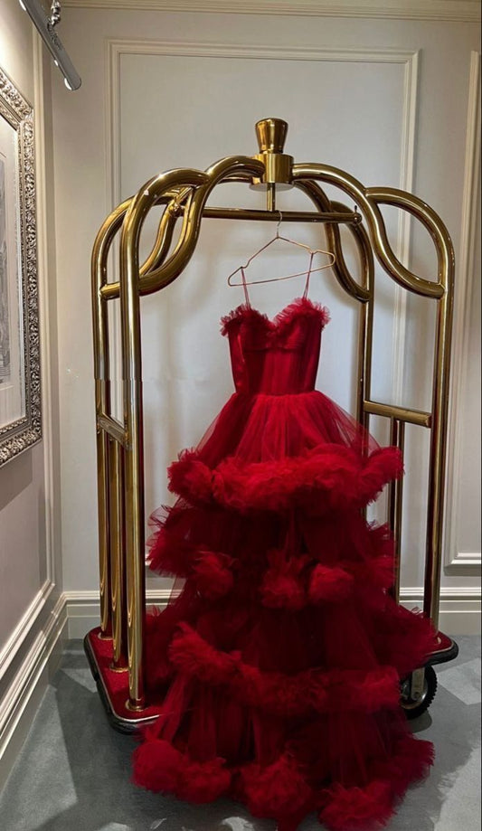 Red Ruffled Tiered Tulle Ball Gown Sweetheart Spaghetti Straps Ruffled A Line Evening Gown