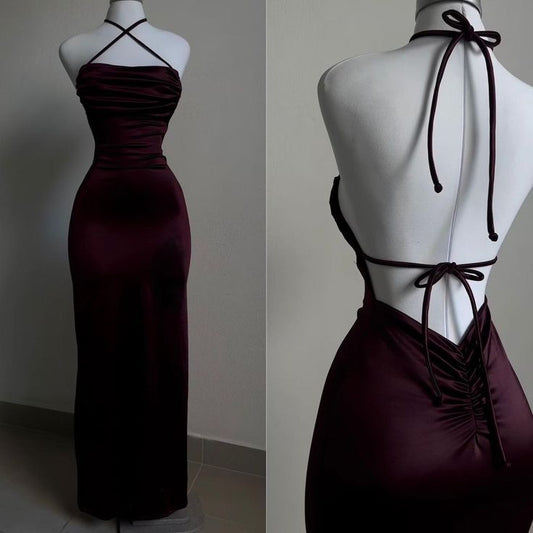 Burgundy Straps Open Back Sheath Satin Long Party Dress         S6241