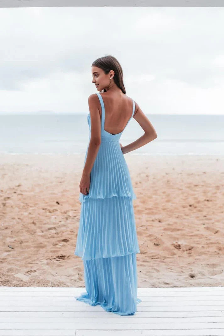 Vintage Blue Sweetheart Pleated A-Line Tiered Long Prom Dress Party Dress Evening Dress TP4401