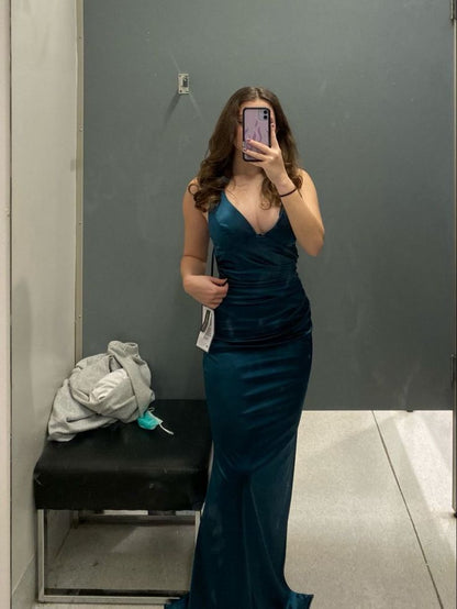 Long Formal Dress Women Teal Satin Sleeveless Evening Dress       S6523