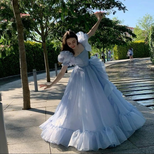 Blue Prom Dresses Short Puff Sleeves Ruffles Prom Party Gowns Princess Formal Dresses