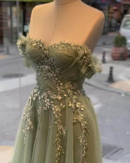 A-line Sage Tulle Lace Appliques Dress Long Prom Dress Party Dress        S6455