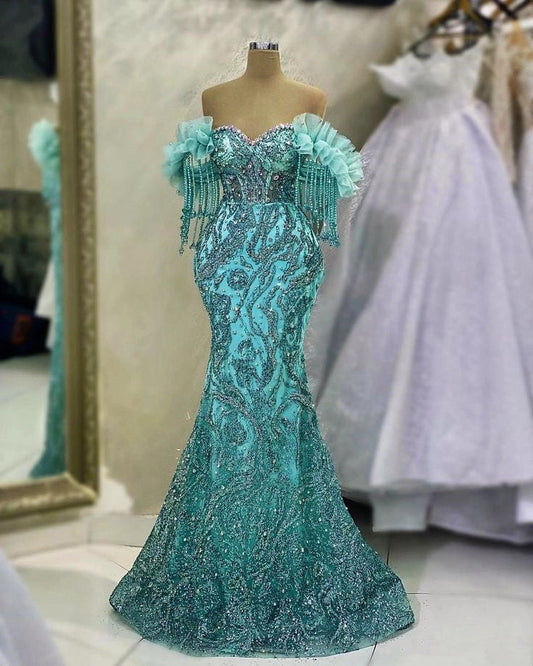 Luxury Prom Dress Mint Green Cocktail Dress Mermaid Off Shoulder Crystal Tassels Evening Dress S6238