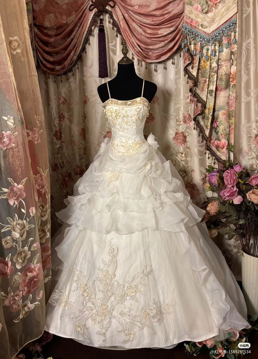 White Long Spaghetti Straps Long Princess Dress Girl Prom Ball Gown       S6534