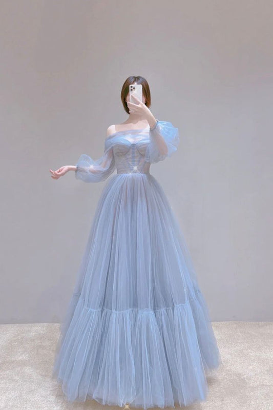 Blue Tulle Long Prom Dress, Beautiful Long Sleeve Tulle Evening Dress        S6283