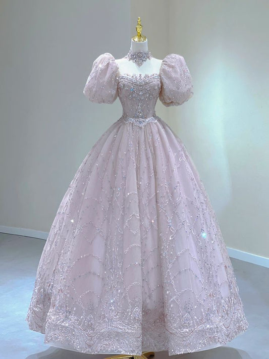 A Line Long Pink Tulle Evening Gown Princess Dress Prom Ball Gown       S6557