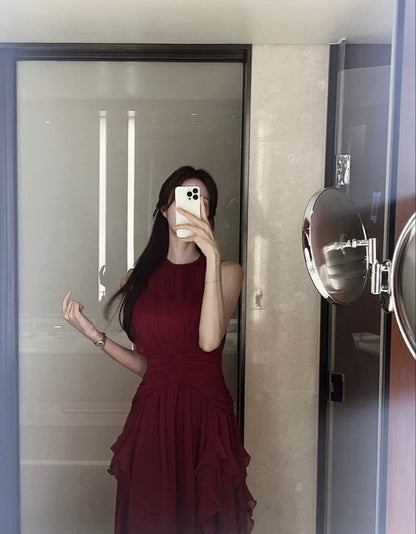 A line Scoop Sleeveless Burgundy Long Prom Dress        S6108