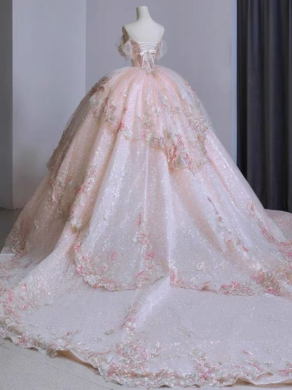 Pink Wedding Dresses Strapless Long Beading Princess Bridal Gowns        S5965