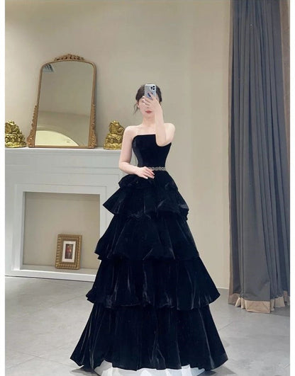 Black Long Velvet Prom Dress Long Formal Evening Dresses     S3508