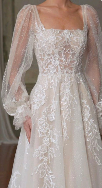 Square Neck long sleeves glitter floral applique Bridal Gown        S6431