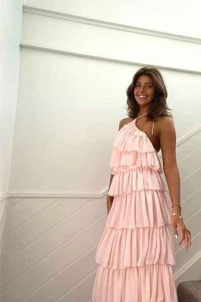 Pink Halter Layer Elegant Long Party Dress    S6479