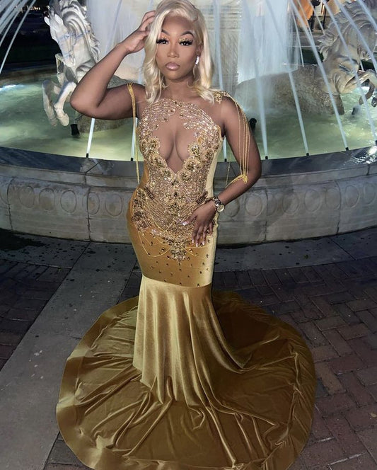 Gold Velvet Sleeveless Mermaid Long Court Train Prom Dresses Mermaid Party Dress        S6412