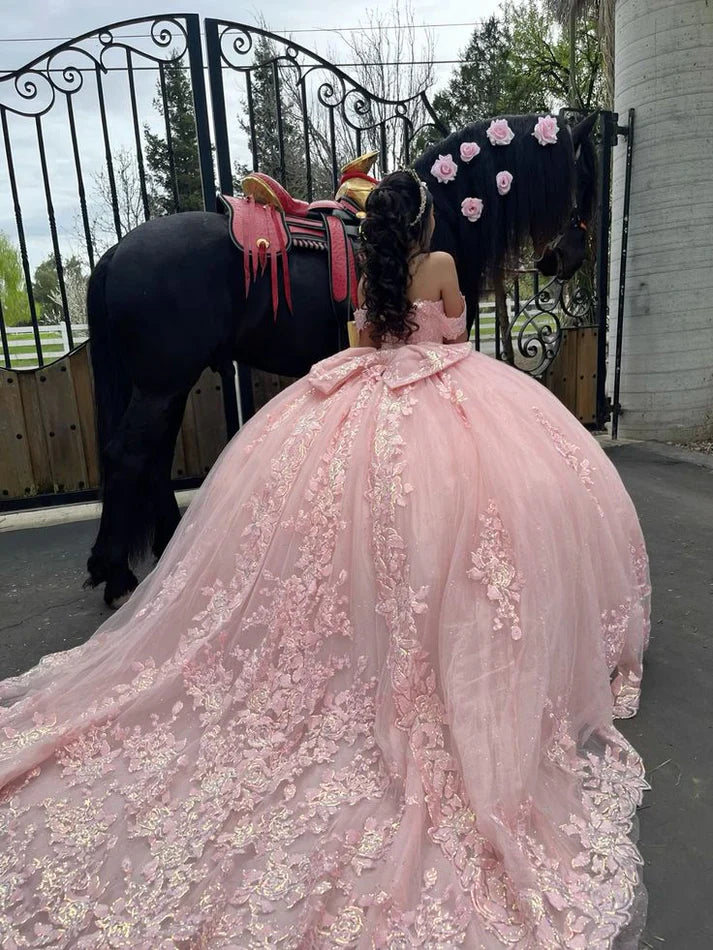 Elegant Pink Sweetheart Applique Off-the-shoulder Sweet 16 Quinceanera A-Line Tulle Floor-length Prom Dress Birthday Dress Evening Dress Ball Gown TP4544